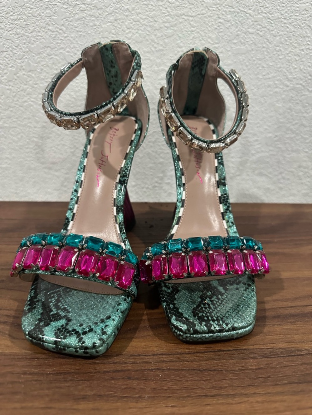 Betsey Johnson Teal Snake-Print Heels with Pink & Teal Gem Accents